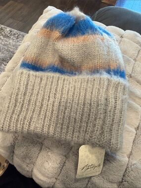 Free People Cream Knit Beanie with Blue & Tan Stripes